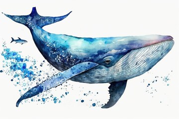 Wall Mural - majestic blue whale swimming with two fish in a vibrant underwater scene. Generative AI