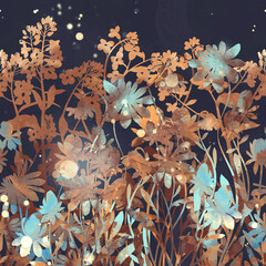 Wall Mural - Abstract meadow flowers and herbs prints, silhouettes seamless border. Digital art with watercolour and acrylic texture. Mixed media artwork. Endless motif for packaging, scrapbooking, textile