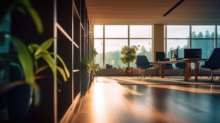 Wall Mural - Sun comes inside the empty modern office with bright white light and large windows, best for background concepts and ideas for business presentation background, wallpaper 