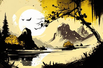 Wall Mural - serene mountain lake under the light of a full moon. Generative AI