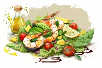 Canvas Print - fresh and colorful shrimp salad with tomatoes and lettuce. Generative AI