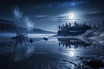 Wall Mural - serene night landscape with a shimmering lake and a full moon. Generative AI