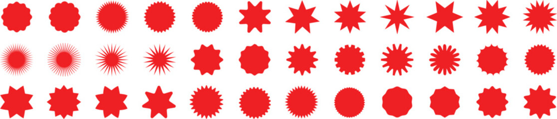set of red starburst. price sticker, sale sticker, price tag, starburst, quality mark, retro stars, 