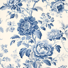 Wall Mural - Seamless Blue Floral Background - Vintage Inspired Flower and Leaf Design