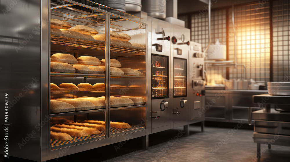Industrial commercial bakery kitchen with stainless steel convection, a ...