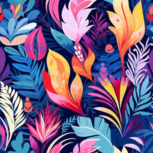 Tropical Floral Pattern. Vibrant Colorful, Abstract, And Seamlessly Tileable Intricately Designed Modern For Continuous Printing. Seamless Pattern. Infinitely Tileable.
