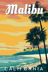 California Malibu Beach retro travel poster vector