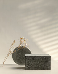 Poster - Minimal stone stage product display with sunlight from window and dry flower on cream color background