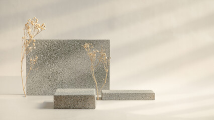 Poster - Minimal stone stage product display with sunlight from window and dry flower on cream color background