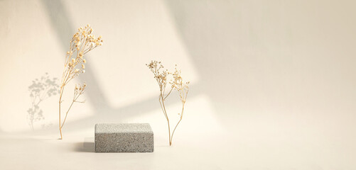 Poster - Minimal stone stage product display with sunlight from window and dry flower on cream color background