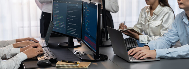 Wall Mural - software development team working together in office, coding script display on computer monitor. pro