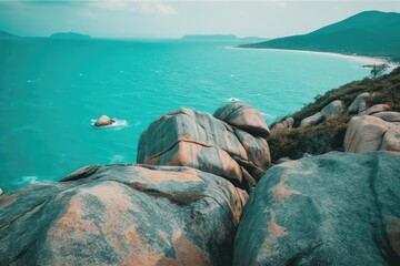 Wall Mural - serene lake surrounded by rocky mountains. Generative AI