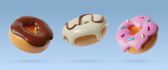 3d donuts food icons set different three dimentional relistic plastic flying doughnut vector objects