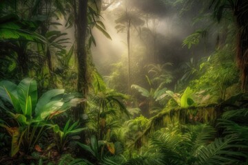 Poster - dense forest with towering trees and verdant foliage