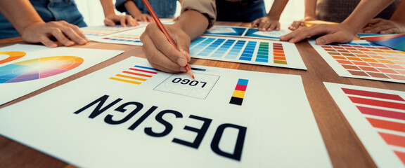 Aufkleber - Graphic designer brainstorm logo and graphic art at busy creative studio workshop. Experiment and brainstorm color palette and pattern at workspace table for creative design. Panorama shot. Scrutinize