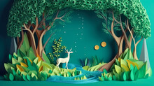 Paper Cut Art , Green Forest And Deers Wildlife With Nature Background , Ecology And Environment Conservation Concept , Created With Generative Ai Technology