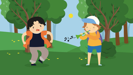 Sticker - Boy and girl playing hopscotch in the park. Vector illustration