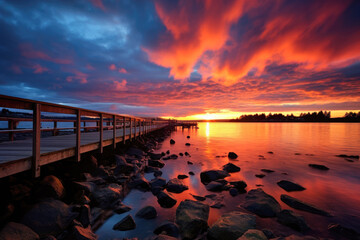 Wall Mural - A scenic sunset with a dock and an ocean