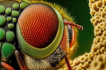 Sticker - macro view of a vibrant green and yellow fly. Generative AI