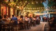 canvas print picture - Bokeh background of Street Bar beer restaurant, outdoor in asia, People sit chill out and hang out dinner and listen to music together in Avenue, Happy life ,work hard play hard. Generative Ai