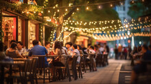 Bokeh Background Of Street Bar Beer Restaurant, Outdoor In Asia, People Sit Chill Out And Hang Out Dinner And Listen To Music Together In Avenue, Happy Life ,work Hard Play Hard. Generative Ai