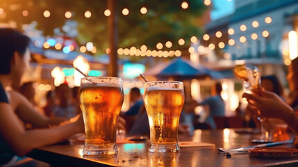 Bokeh background of Street Bar beer restaurant, outdoor in asia, People sit chill out and hang out dinner and listen to music together in Avenue, Happy life ,work hard play hard. Generative Ai