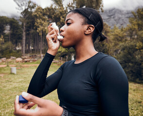 Canvas Print - Black woman, breathe or asthma pump outdoor in park for help with health risk, cough treatment and air for exercise. Female runner, spray and medicine inhaler in nature for lungs, oxygen and wellness