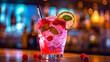 © rorozoa - Pink and red Fresh colorful exotic alcoholic cocktail with lemon and ice. Colorful pink Soft drink with ice on the bar desk. Red colorful Mojito. Generative Ai