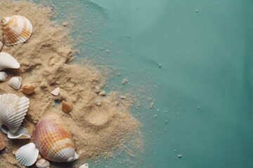 Wall Mural - illustration of seashells scattered on a sandy beach with ocean waves in the background