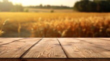 The Empty Wooden Brown Table Top With Blur Background Of Farm And Barn. Exuberant Image. Generative Ai