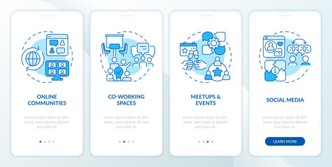 Wall Mural - Digital nomad community blue onboarding mobile app screen. Remote worker walkthrough 4 steps editable graphic instructions with linear concepts. UX, GUI template. Myriad Pro-Bold, Regular fonts used