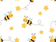 Seamless Pattern With Bee Cartoons And Yellow Flower On White Background Vector.