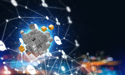 Wall Mural - concept of internet and networking with digital cube figure on dark background