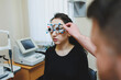 © DSMT - Eye examination of a young woman at an ophthalmologist's appointment using modern microscopes. Vision treatment at an ophthalmologist appointment
