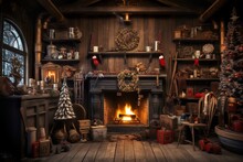 Santa Claus Workshop, Christmas Interior Background Concept, Generative Ai