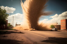 Powerful Dusty Whirlwind On A Hot Sunny Day On The Streets Of The Town. Generative AI