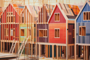 Home Building Under Construction Made From Wood Framing extreme closeup. Generative AI