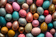 © Surachetsh - Perfect colorful handmade and beautiful Easter eggs background. Greetings and presents for Easter Day. Generative AI.