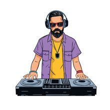 Hipster Young DJ With The Beard Mixing Music On Turntables. DJ Playing And Mixing Music On Deck.