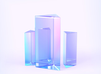 Poster - Glass triangle pedestals or podium, abstract geometric empty museum stages, crystal exhibit displays for award ceremony or product presentation. Gallery platform, blank product stands. 3D illustration