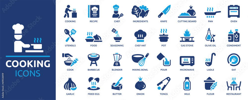 Cooking icon set. Containing chef, recipe, restaurant, ingredients ...