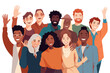Diverse multicultural group of people waving and smiling, vector illustration
