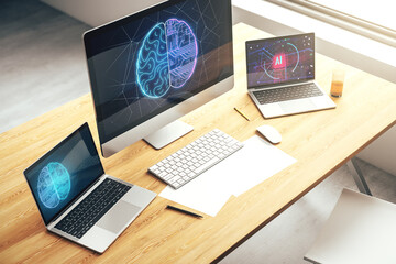 Wall Mural - creative artificial intelligence concept with human brain hologram on modern laptop screen. 3d rende