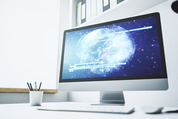 Wall Mural - modern computer display with abstract software development hologram and world map, global research a