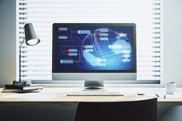 modern computer screen with abstract creative coding sketch and world map, artificial intelligence a