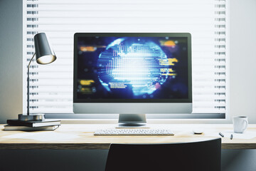 Wall Mural - computer monitor with abstract creative programming illustration and world map, big data and blockch