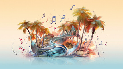 Wall Mural - palm trees music notes background abstract summer audio concert.  Generative AI