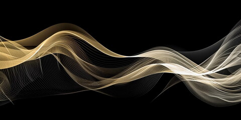 Wall Mural - Abstract golden waves on black background. AI generated Illustration