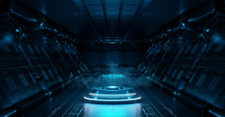 Poster - Blue spaceship interior with projector. Futuristic corridor in space station with glowing neon lights background. 3d rendering
