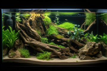 A captivating nature aquarium with underwater plants, driftwood, rocks, and fish, showcasing a harmonious aquascape design, generative AI